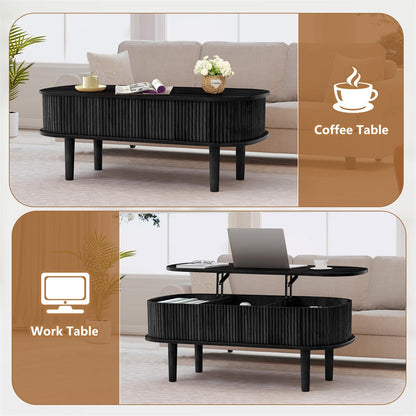 Modern Oval Fluted Wooden Lift Top Coffee Table with Hidden Compartment