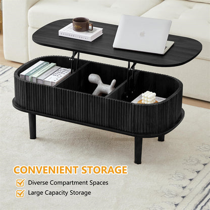 Modern Oval Fluted Wooden Lift Top Coffee Table with Hidden Compartment