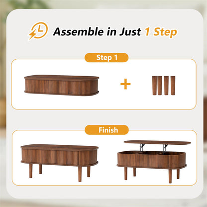 Modern Oval Fluted Wooden Lift Top Coffee Table with Hidden Compartment
