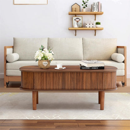 Modern Oval Fluted Wooden Lift Top Coffee Table with Hidden Compartment